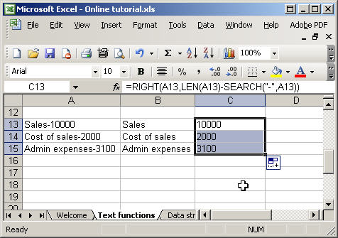 Excel text functions - search and len